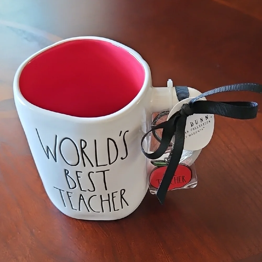 Rae Dunn World's Best Teacher Mug with Keychain Red Interior NWT